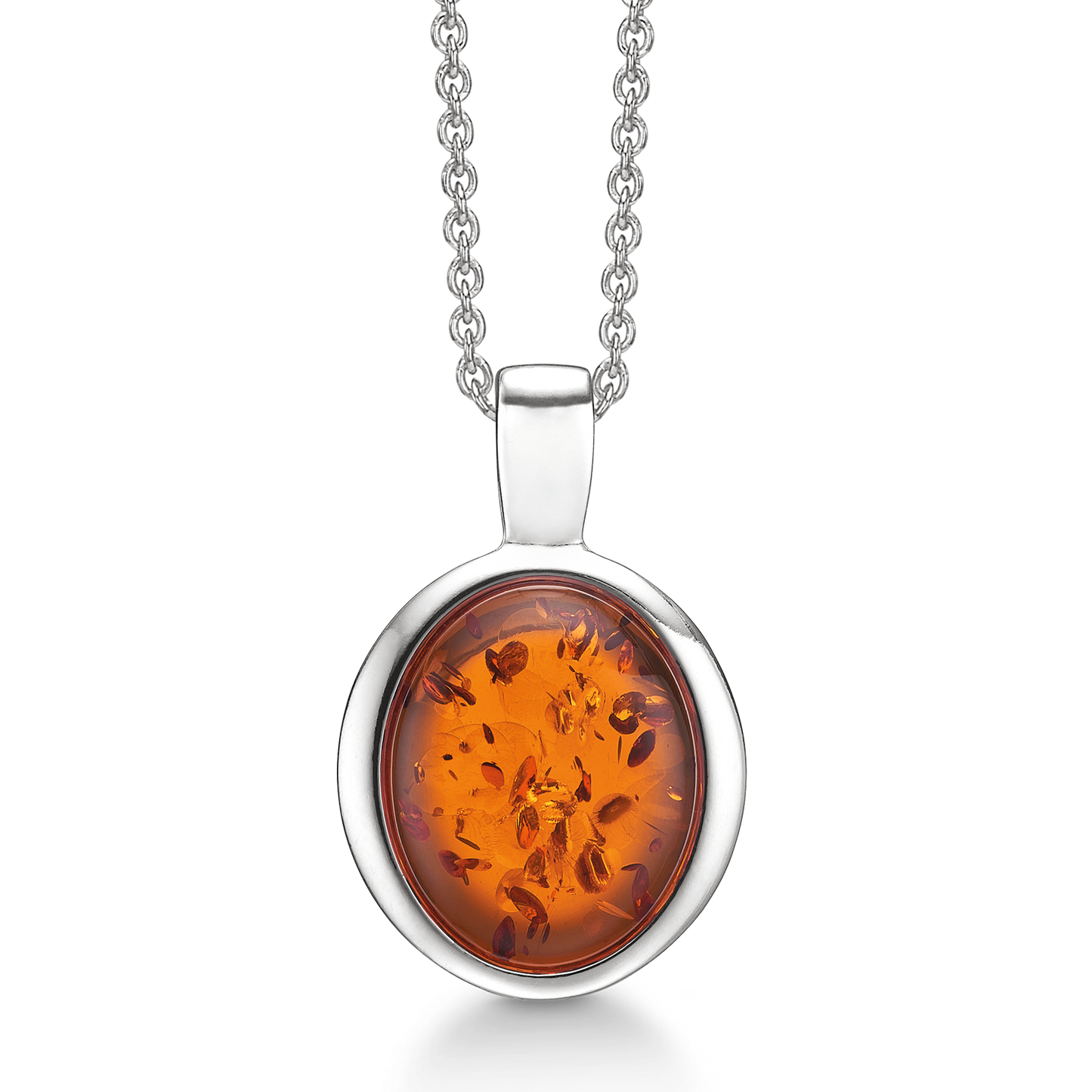 Sølv halskæde rhodineret oval med rav.