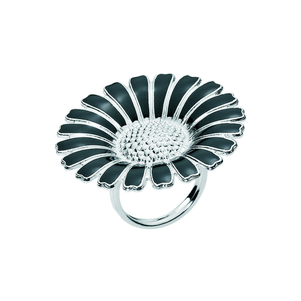 Marguerit ring, sølv, 36mm med sort emalje