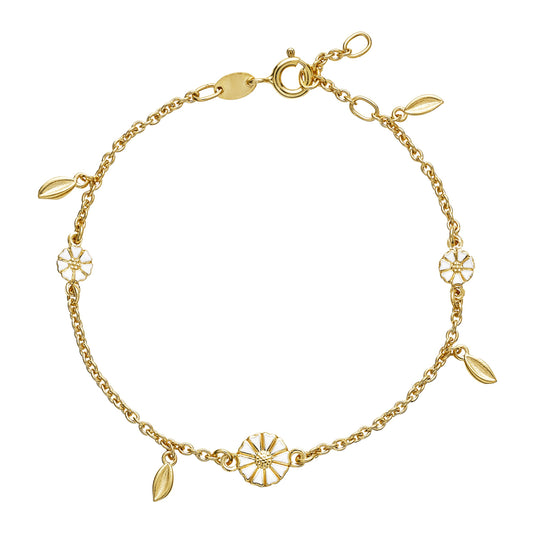 Marguerit armbånd med 4 blade 24 KT guldbelagt sølv  hvid emalje 17-18-19 cm 925