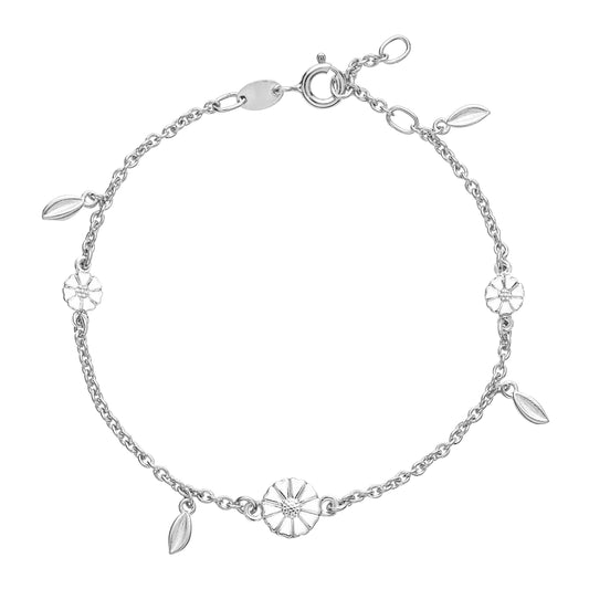 Marguerit sølvarmbånd, med 4 blade hvid emalje 17-18-19 cm 925