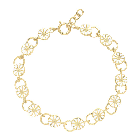 Marguerit armbånd 24 kt guldbelagt med hvid emalje 19-21cm