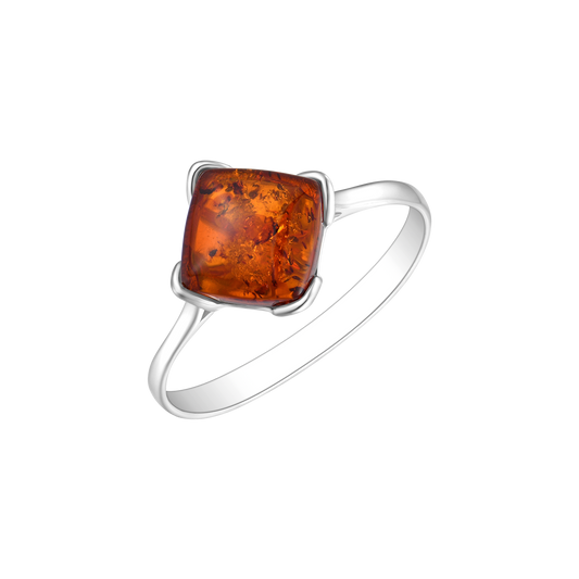Sølv ring rhodineret firkant rav i 4 grabber.