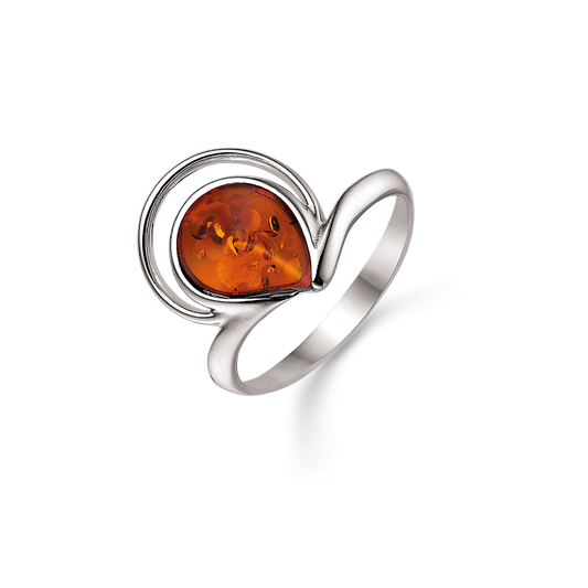 Sølv ring rhodineret dobbelt dråbe med rav.