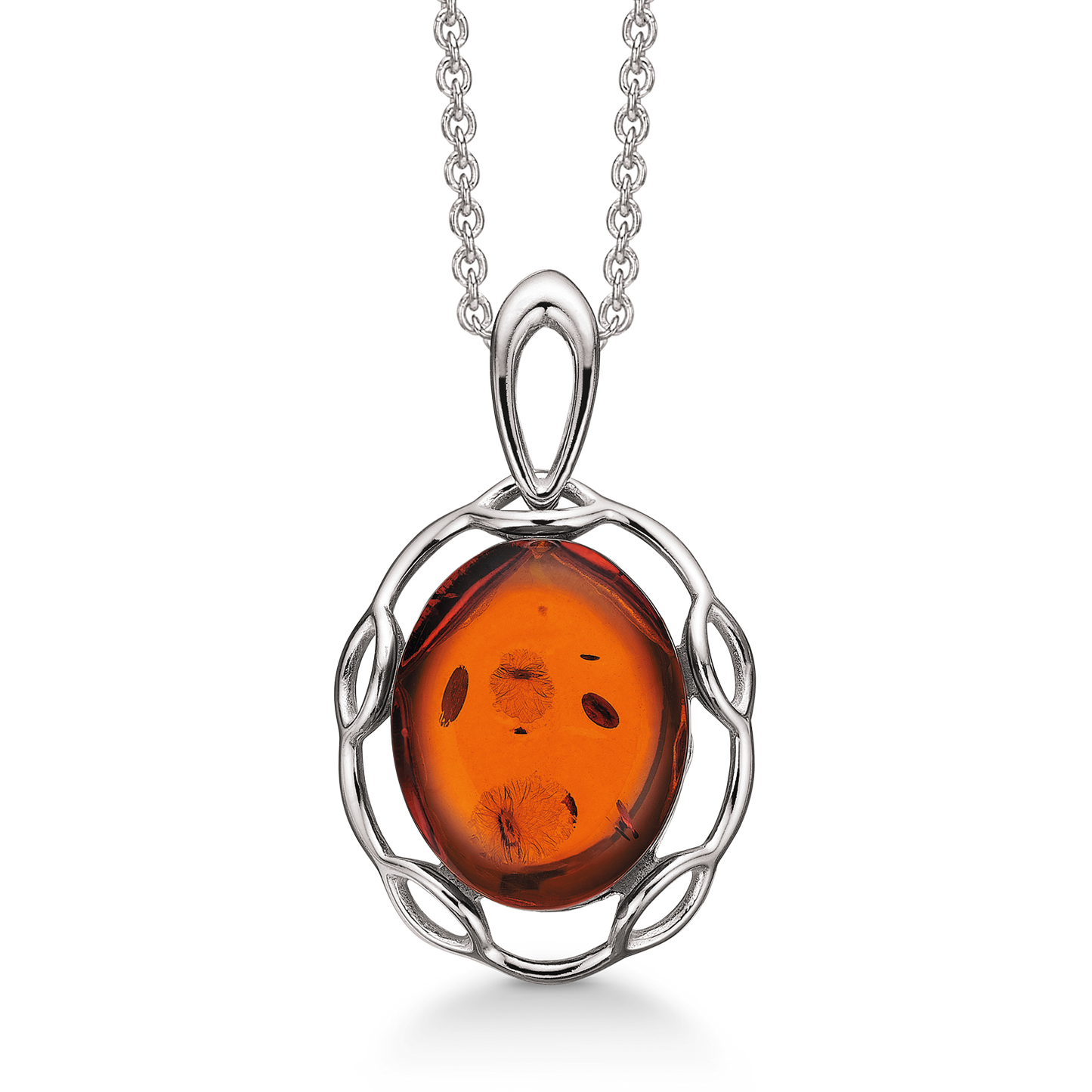 Sølv halskæde rhodineret oval rav med små mønster rundt om