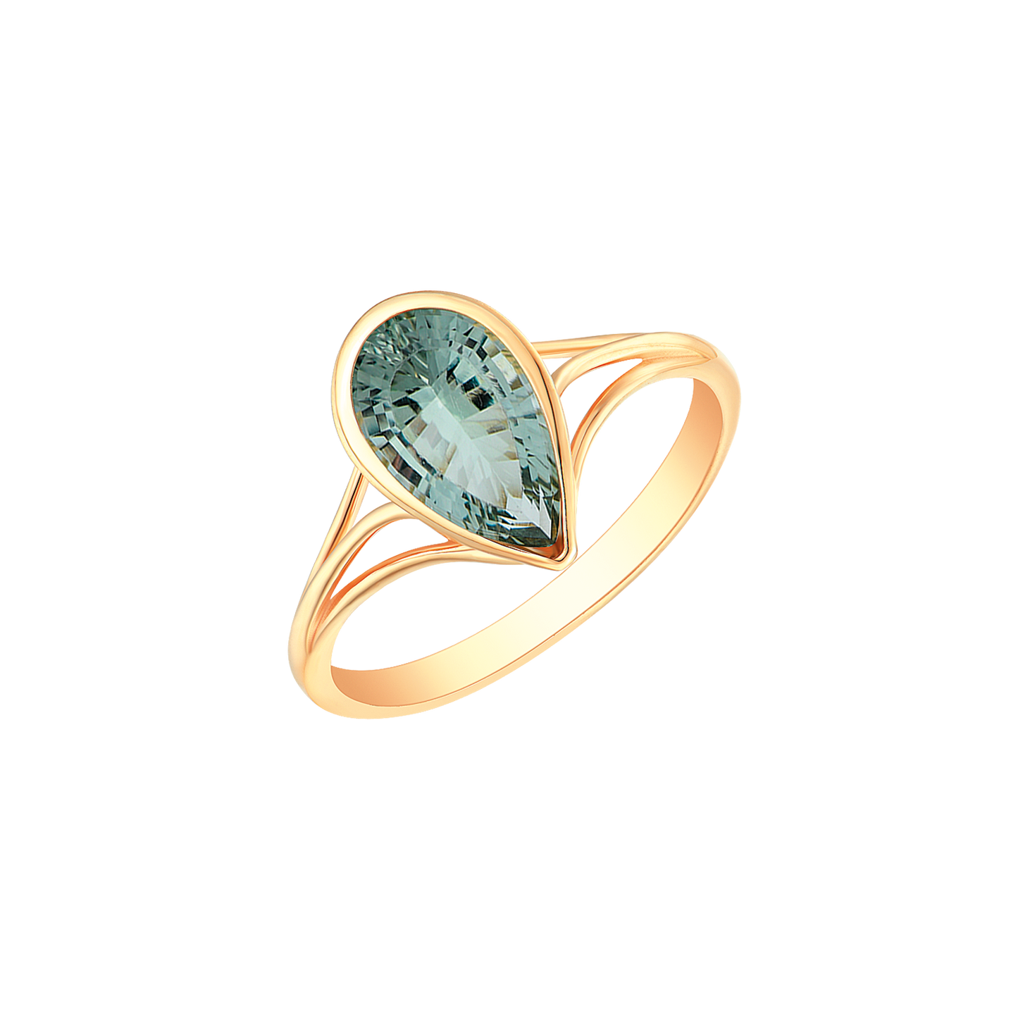 9 kt. guld ring dråbe med grøm ametyst/prasiolit i glat kant.