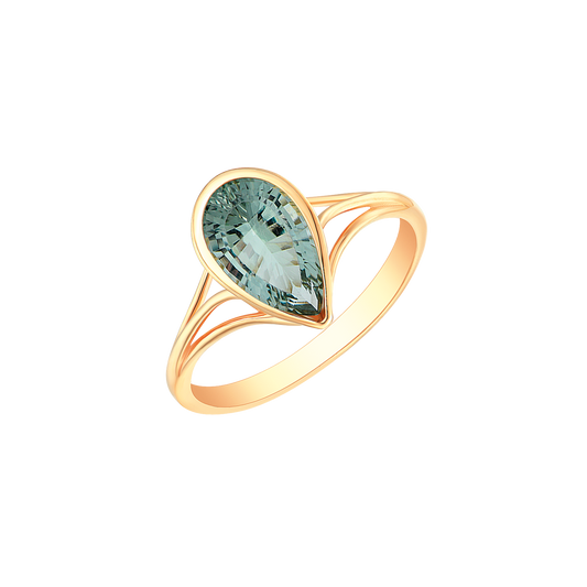 9 kt. guld ring dråbe med grøm ametyst/prasiolit i glat kant.