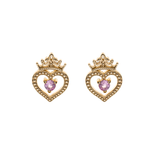 9 kt. guld ørestikker krone med hjerte og pink safir midten.