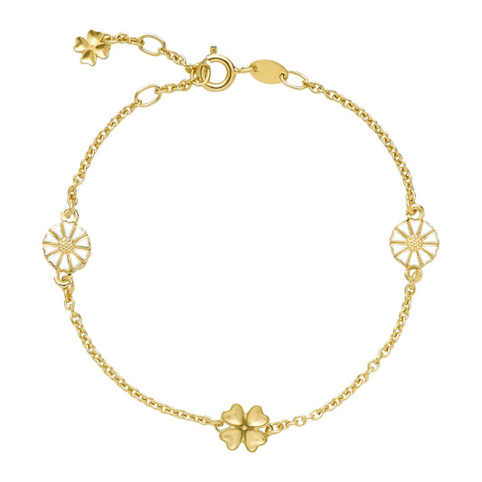 Marguerit armbånd, med firkløver, 24kt guldbelagt sølv,  hvid emajle.