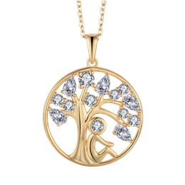 Sølvforgyldt halskæde livets træ i cirkel med en mand og syntetiske cubic zirconia. Mål: 26 mm. i diameter. Tykkelse: 4,8 mm. Kæden er sølvforgyldt i længde 42-45 cm.
