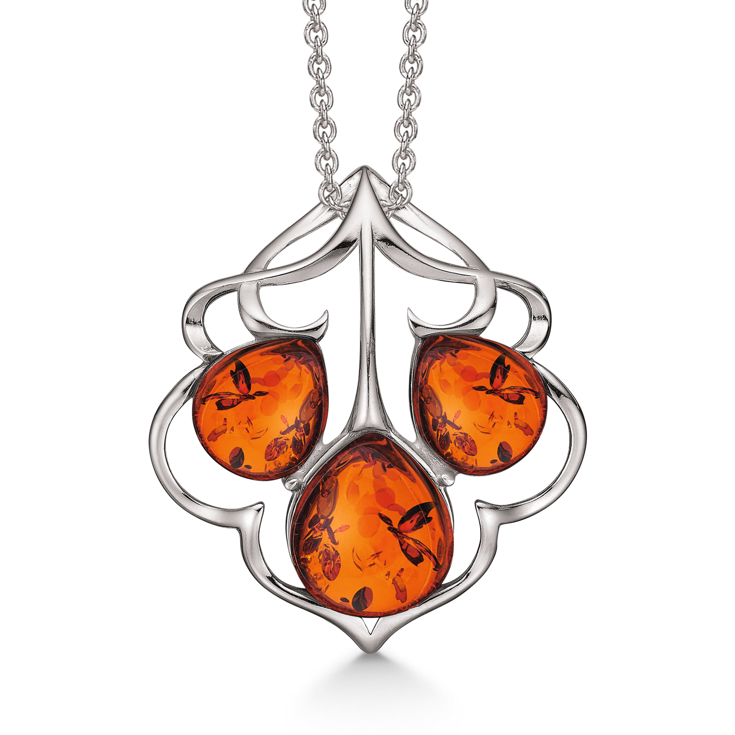 Sølv halskæde rhodineret rav 3 dråber med mønster rundt om.