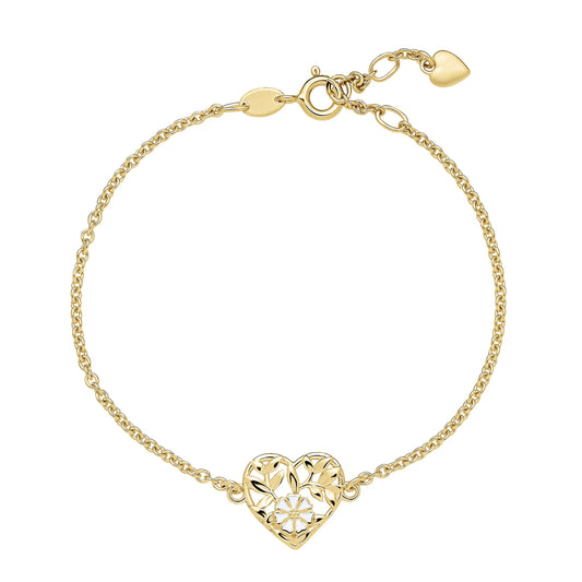 Marguerit armbånd, hjerte 1x5mm, 24kt guldbelagt sølv,hvid emalje