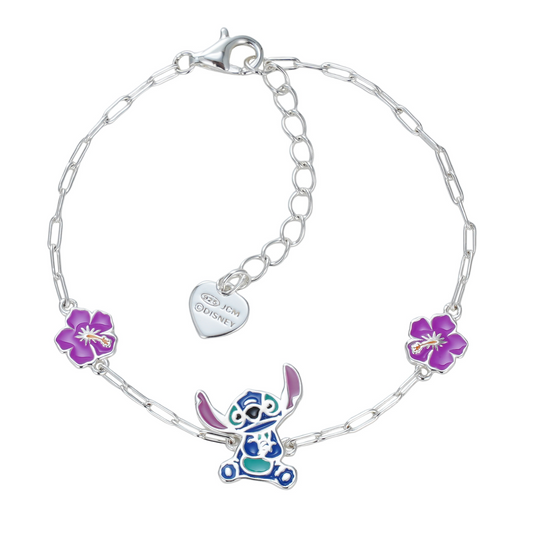 Sølv armbånd Stitch med 2 lilla blomster