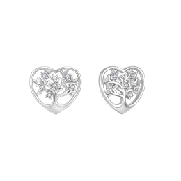Sølv ørestikker rhodineret hjerte med livets træ og cubic zirconia.