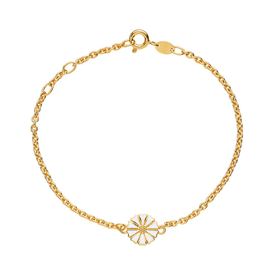 Marguerit armbånd, 9mm 24 kt guldbelagt sølv, hvid emalje