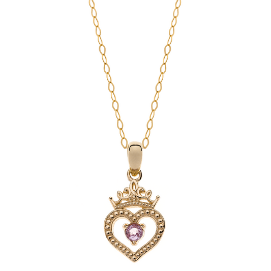 9 kt. guld vedhæng krone med hjerte og pink safir i midten.