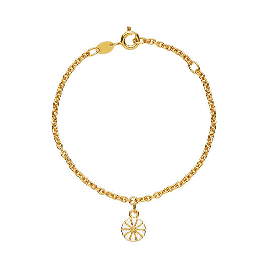 Marguerit armbånd, 7,5mm, 24 kt guldbelagt sølv,  hvid emalje 14-16cm 925