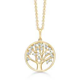 14 kt. guld vedhæng cirkel med livets træ og cubic zirconia.