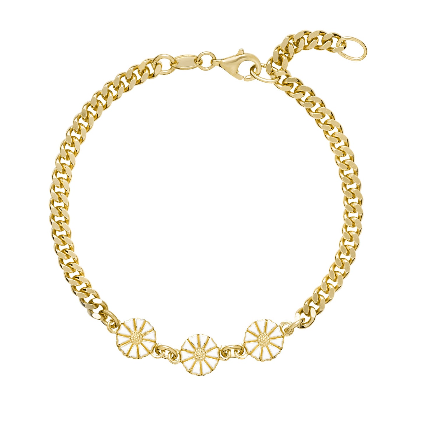 Marguerit armbånd, 3x7,5mm, med panser kæde 24kt guldbelagt sølv, hvid emalje