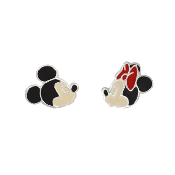Sølv ørestikker Mickey og Minnie med sort og rød.