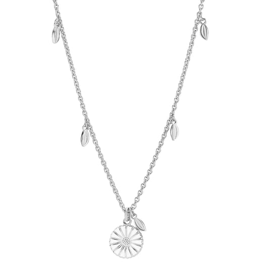 Marguerit collier, 11 mm, med blade, hvid emalje, 45-48 cm, 925 sølv