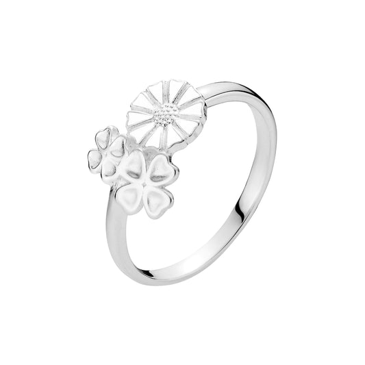 Marguerit ring, firkløver sølv, hvid emajle