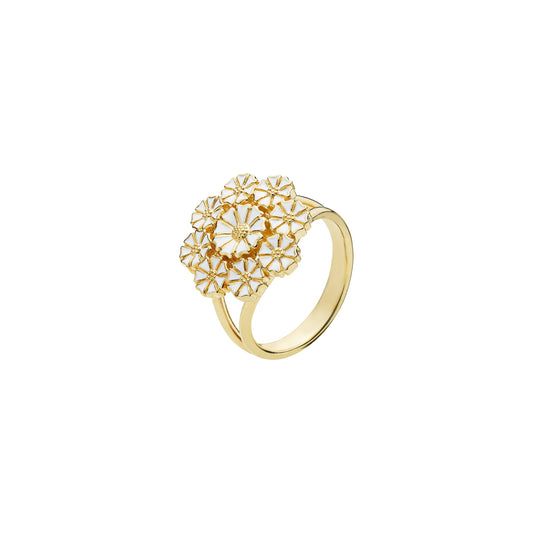Marguerit ring, blomst, hvid emalje 24 kt guldbelagt sølv.