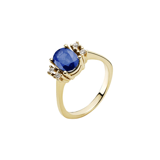 14 kt. guldring med safir 6x8mm og diamanter