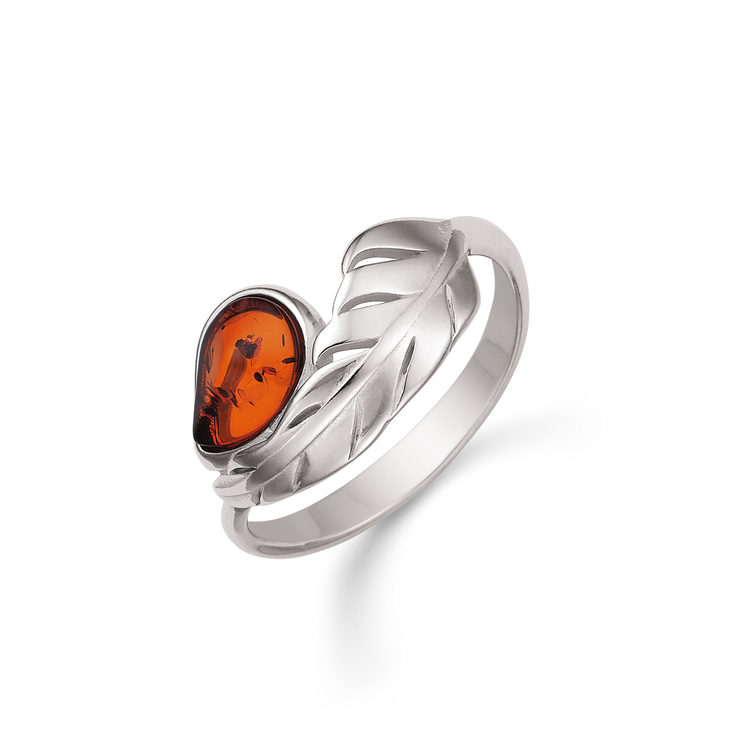 Sølv ring rhodineret dråbe i rav med blad i den ene side