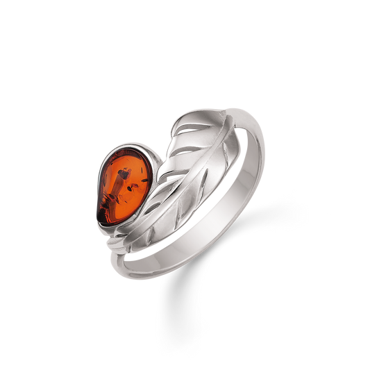 Sølv ring rhodineret dråbe i rav med blad i den ene side