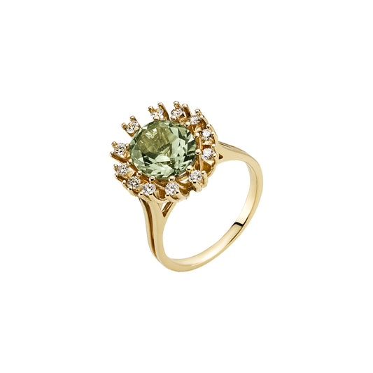 14 kt. gulring med grøn ametyst og diamanter 0,36 CT.