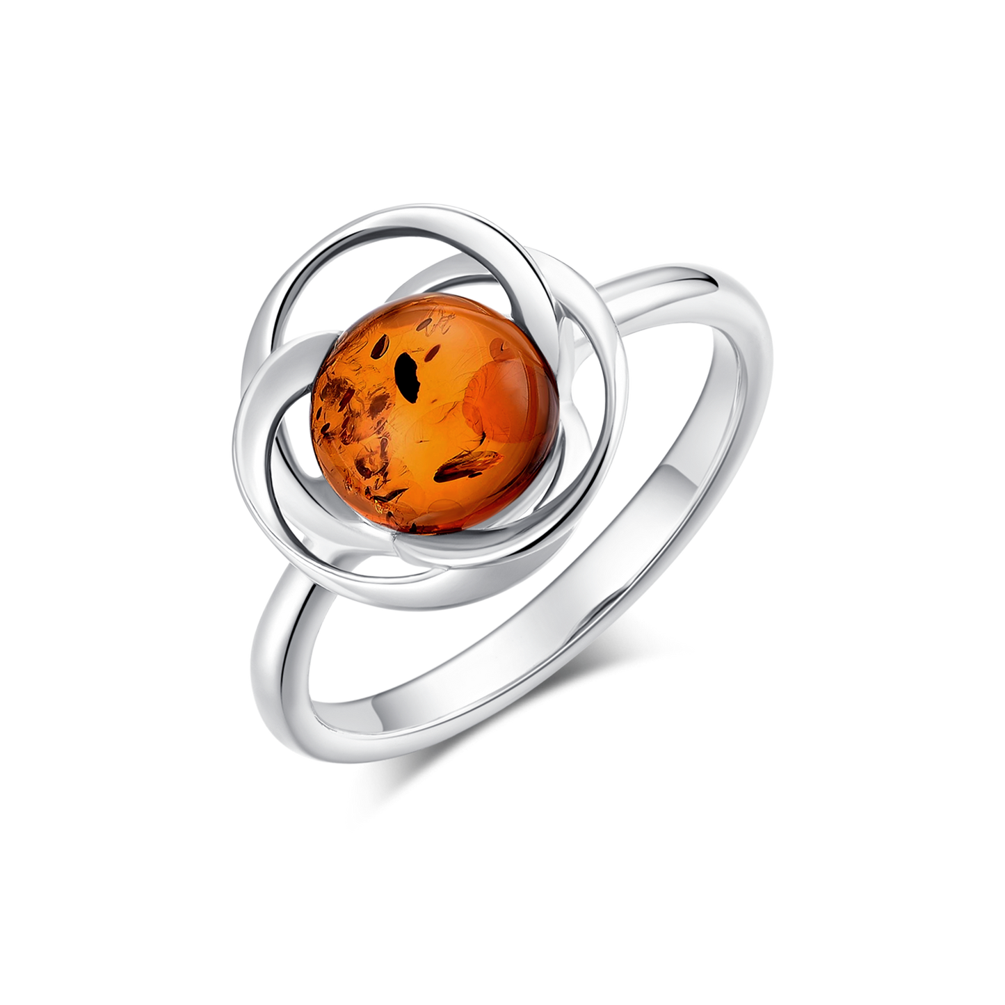 Sølv ring rhodineret flettet blomst med rund rav i midten.