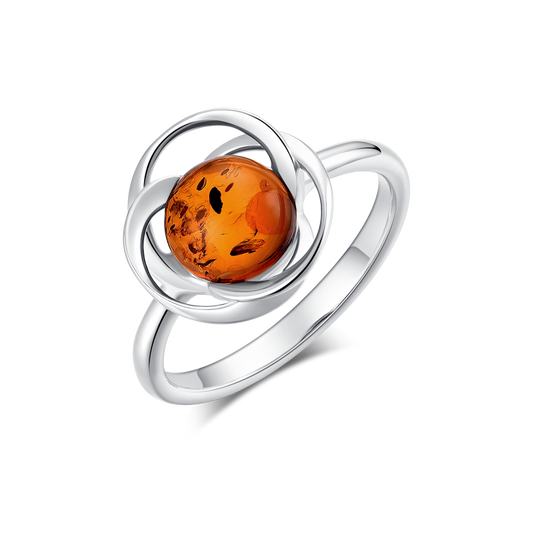Sølv ring rhodineret flettet blomst med rund rav i midten.