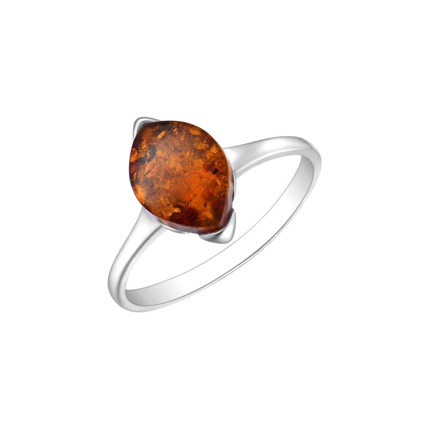 Sølv ring rhodineret oval rav i 4 grabber.