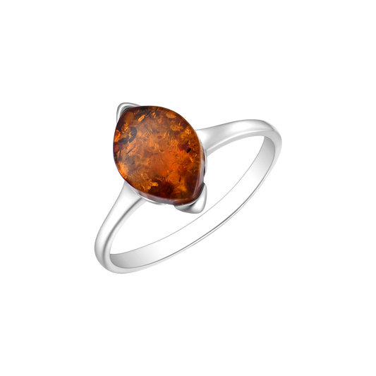 Sølv ring rhodineret oval rav i 4 grabber.