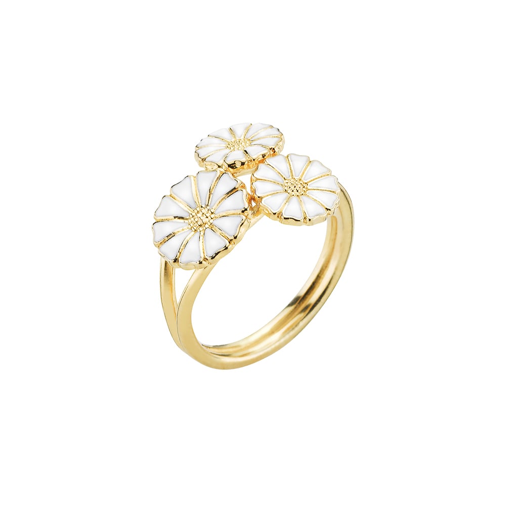 Marguerit ring med buket, 24 kt guldbelagt sølv, hvid emalje