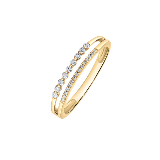 14 kt guldring, dobbelt ringskinne med diamanter.