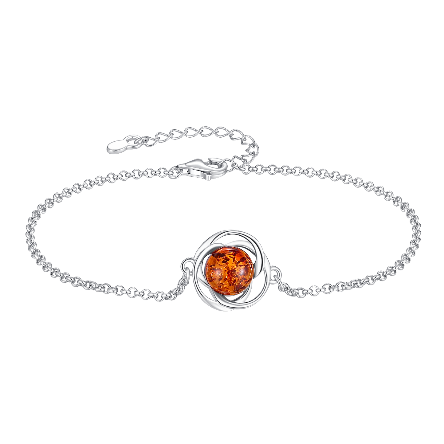 Sølv armbånd rhodineret flettet blomst med rund rav i midten