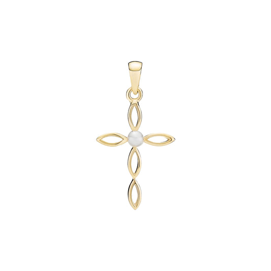 8 kt. guldvedhæng kors 22x14mm med ferskvandsperle 1x2,5-3 mm