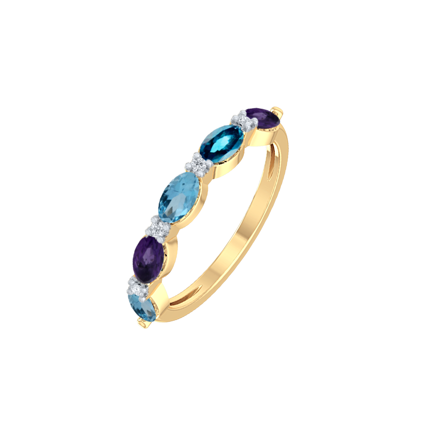 14 kt guldring, topas, ametyst og diamanter