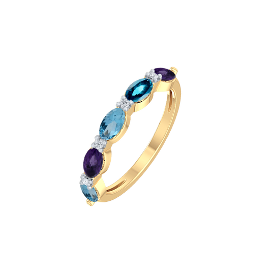 14 kt guldring, topas, ametyst og diamanter