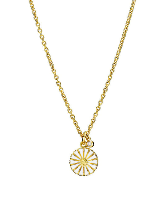 Marguerit collier, 11mm, med 1 zirkonia, 24 kt guldbelagt sølv, hvid emalje 45-48cm