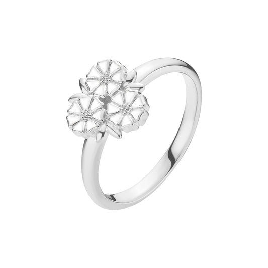 Marguerit, ring blad, 24kt guldbelagt sølv, hvid emajle