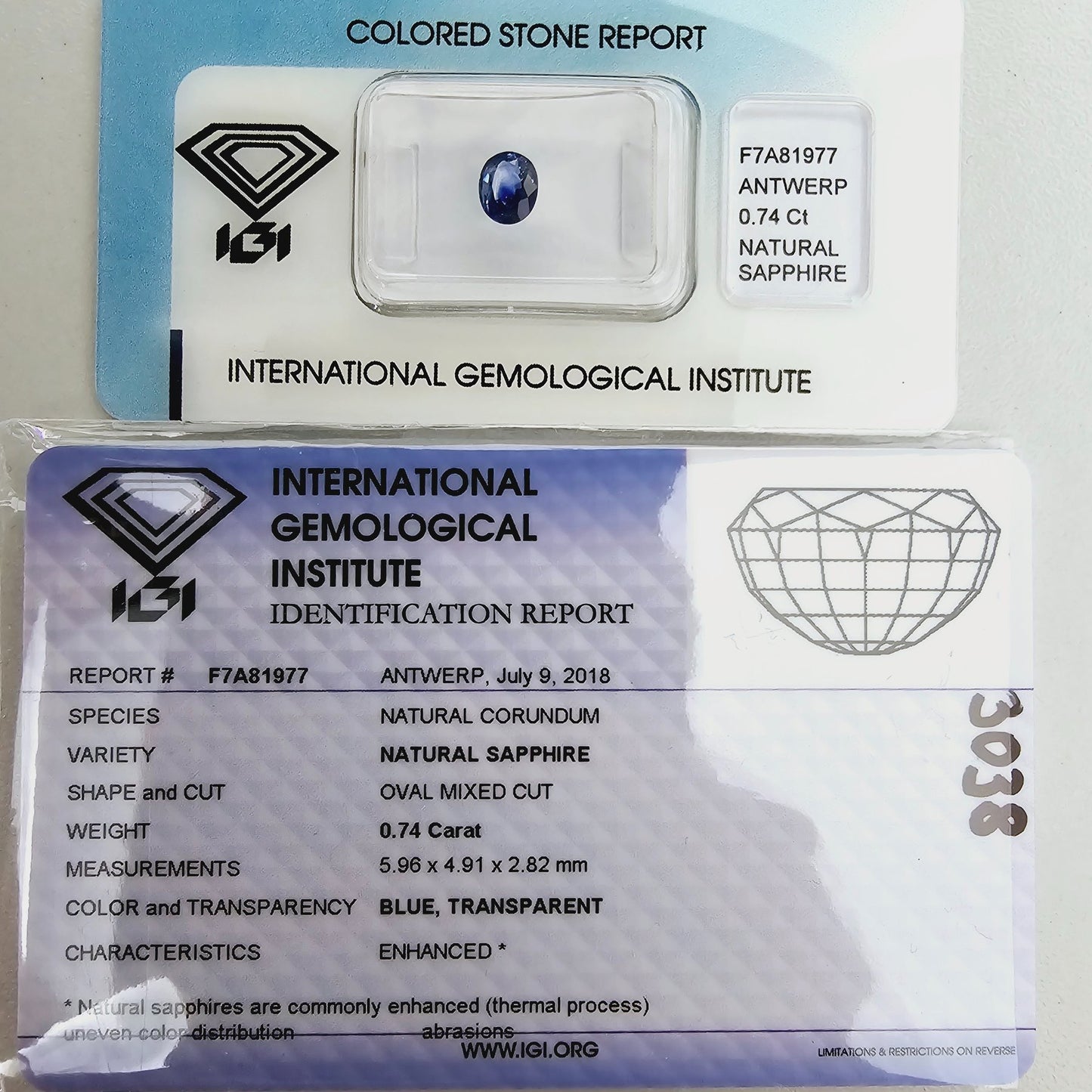 Naturlig blå safir, 0.74 ct, ovalslib